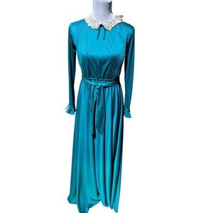 Vintage Dress Women’s XS Turquoise Modest Maxi Lace Collar Belted Long Sleeve
